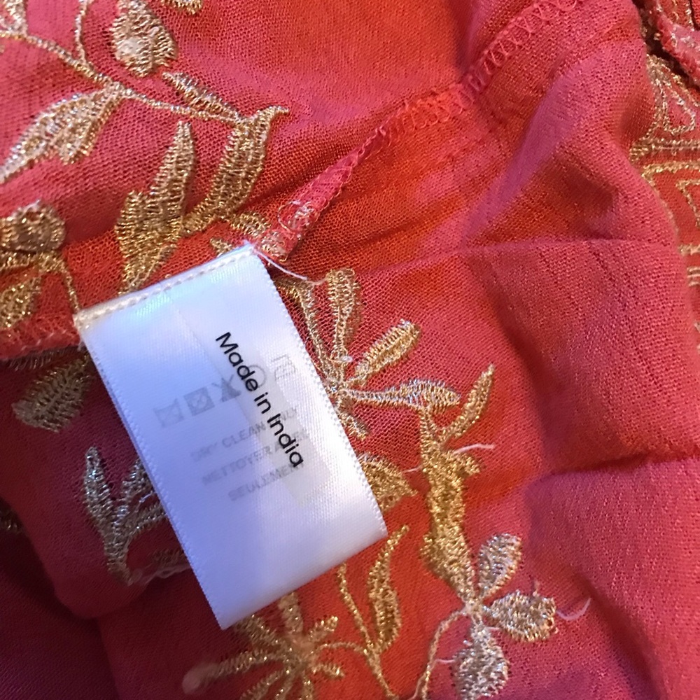 Hale Bob Regan Maxi Skirt Embroidered Rayon Crinkle Gauze Sz. Small Coral & Gold - Picture 7 of 14